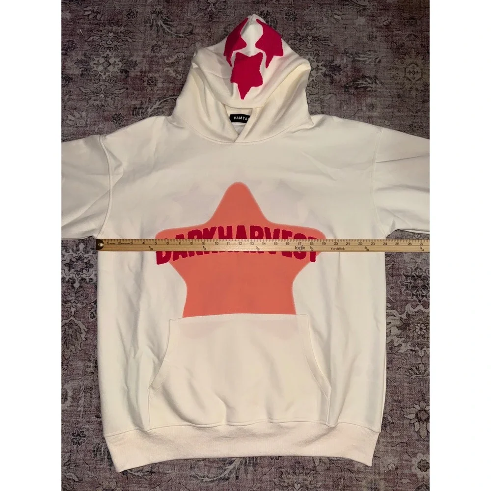 VAMTAC Dark Harvest Star Embroidered Oversized Hoodie Pullover Cream Pink Medium